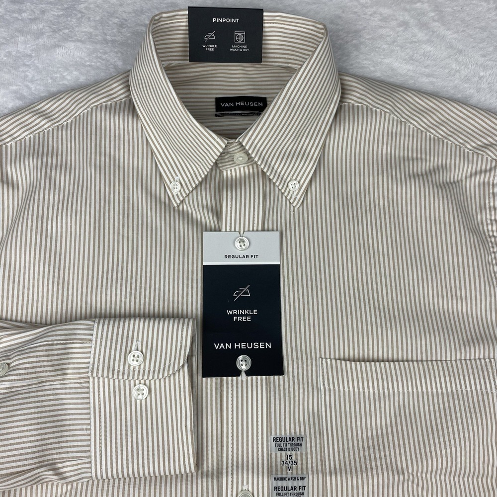 Van Heusen Dress Shirt Mens 15-34/35 Beige/White Stripes Regular Fit New w/Tags!